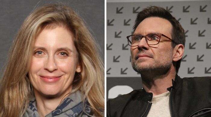 Helen smiling (left), Christian wearing glasses (right) 