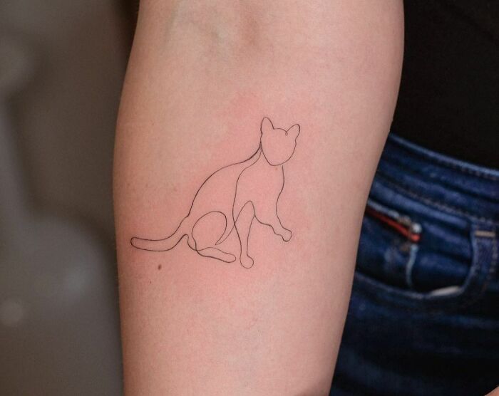 Single-line tattoo of a cat on an arm, showcasing fine-line art.