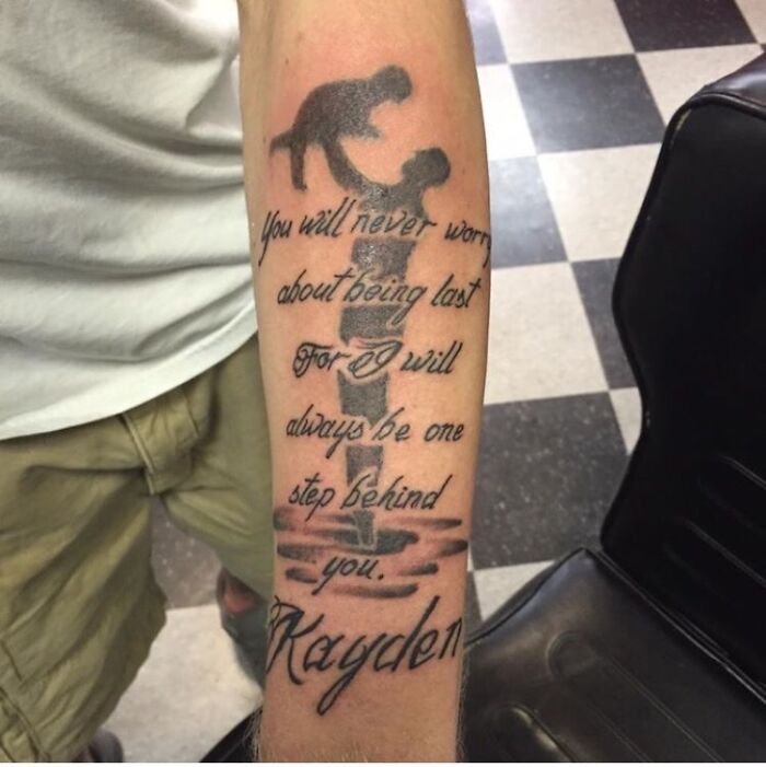 Tattoo of parent and child silhouette with heartfelt quote, aiming to put a smile on your face.