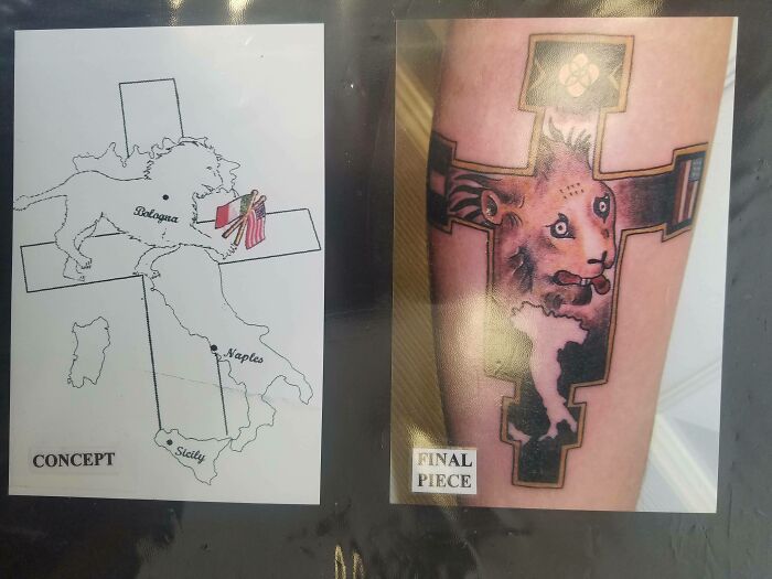 Funny tattoo with lion in cross design beside original concept sketch on Italy map background.