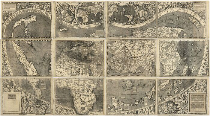 Universalis Cosmographia, the Waldseemüller wall map, depicts America, Africa, Europe, Asia, and the Oceanus Orientalis Indicus separating Asia from the Americas