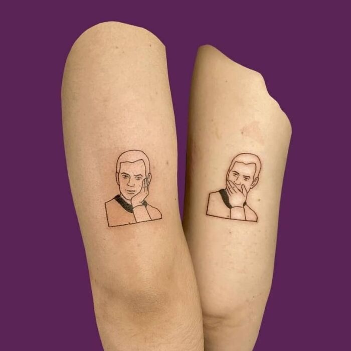 Funny "Oh No" leg tattoos showing two expressive face illustrations on a purple background.