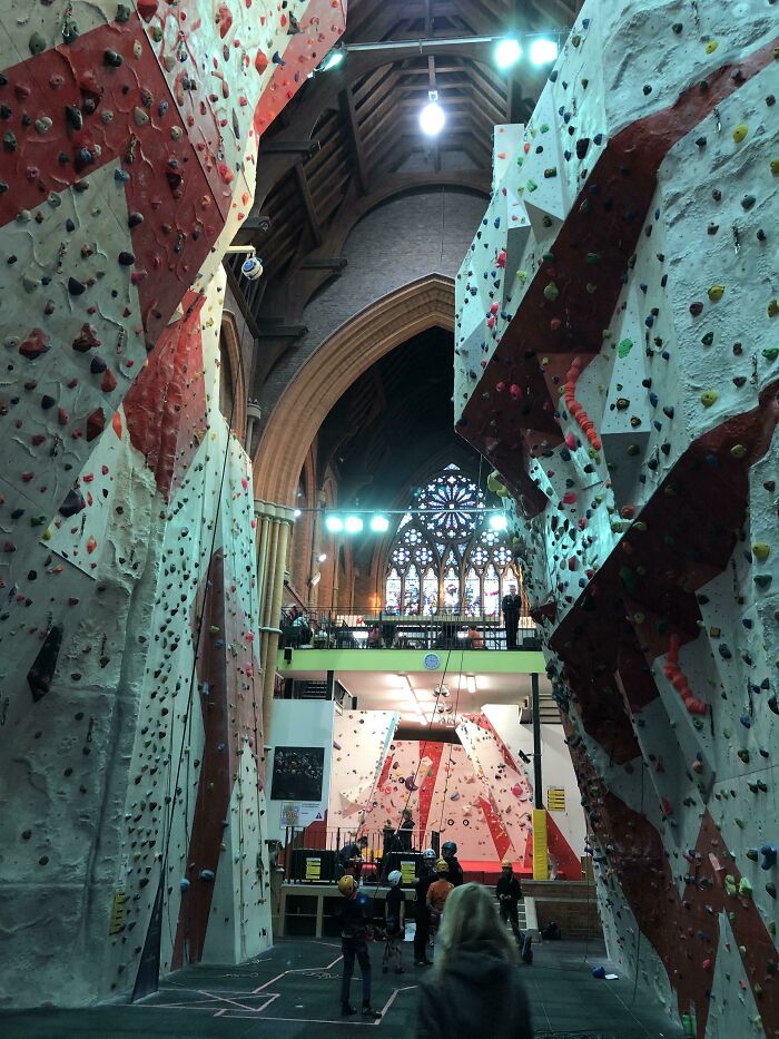 A Beautiful Old Church Was Converted Into An Awesome Climbing Center, Retaining Original Features Like Stain Glass Windows And An Altar (Manchester Climbing Center, UK)