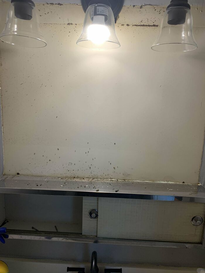 Demoing A Bathroom On A Rental - The Mirror In The Space Was Sitting On The Medicine Cabinet. No Adhesive,just 30 Years Or Dirt And Layers Of Wallpaper Holding It In Place