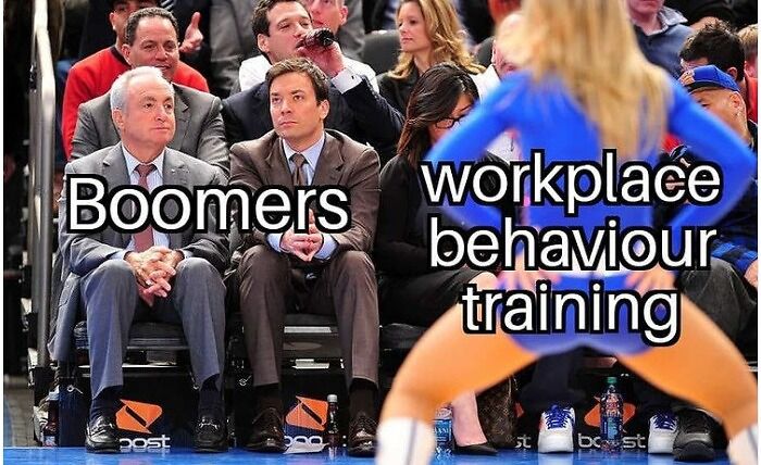People labeled "Boomers" watching a performance labeled "workplace behavior training," depicting a meme about HR humor.