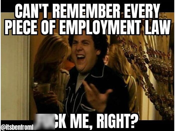 A person laughing at a party with a funny caption about HR and employment law above and below.