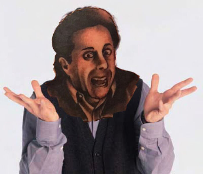 Terrible tattoo version of a surprised face on a shrugging person, blending tattoo art with a classic image.