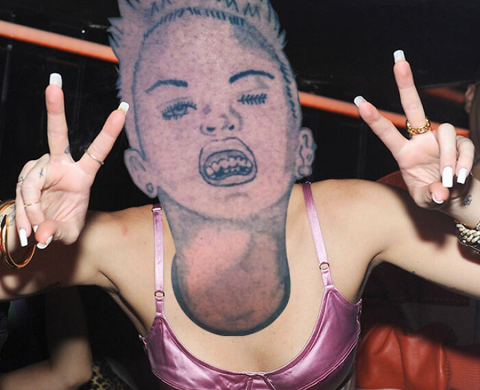 Terrible tattoo featuring an exaggerated portrait on a person's back, making peace signs with hands.