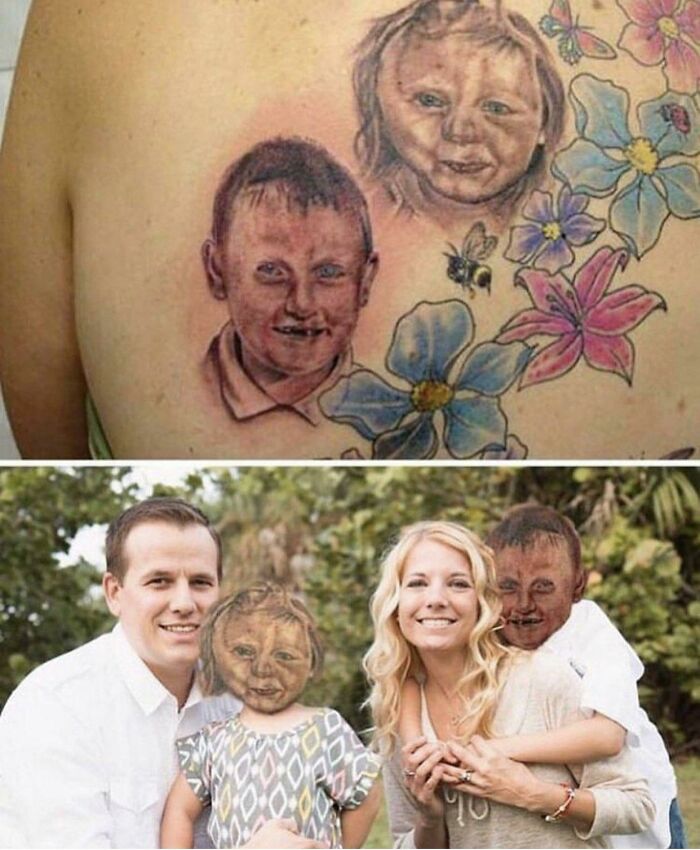 Terrible tattoo compared to original family photo with flowers and children's faces.