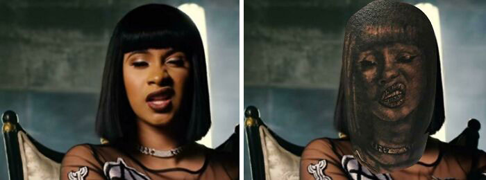 Terrible tattoo compared to original portrait, highlighting contrast in quality and appearance.