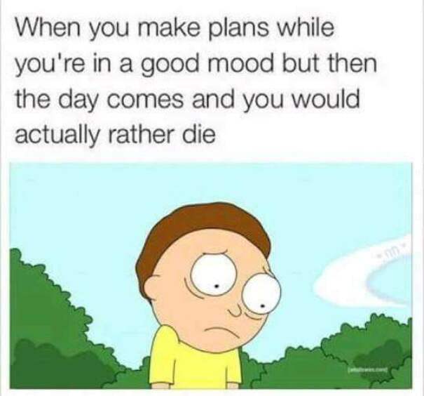 Cartoon character looking anxious with text about making plans while happy but later regretting it; social anxiety meme.