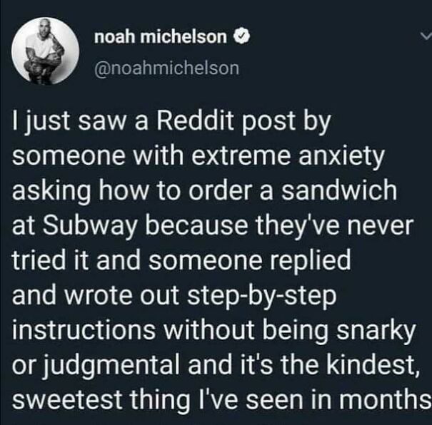 Text highlighting social anxiety with an example of a kind Reddit response to a Subway ordering question.