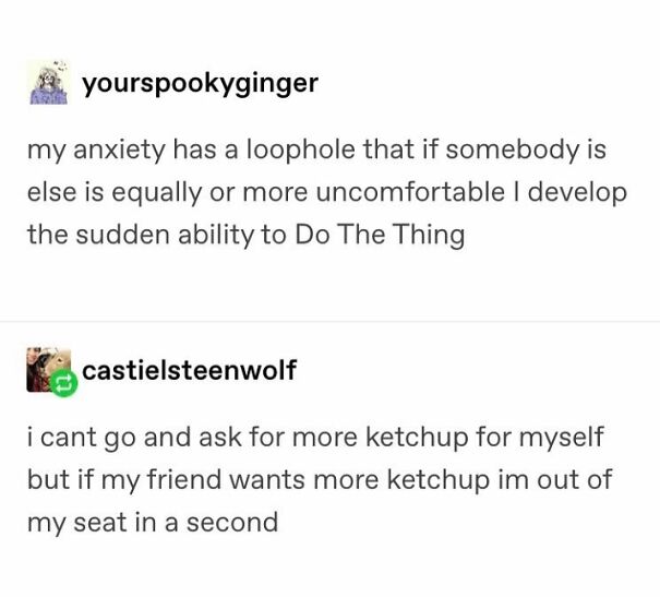 Text posts highlighting loopholes in social anxiety, discussing sudden confidence and helping friends despite personal discomfort.