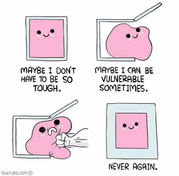 Comic strip depicting social anxiety with a character contemplating vulnerability, then retracting into a box.