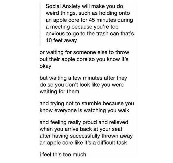 Meme about social anxiety showing text on the fear of throwing away an apple core in a public setting.