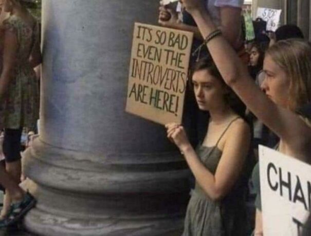 Person holding a sign about introverts at a protest, highlighting social anxiety.