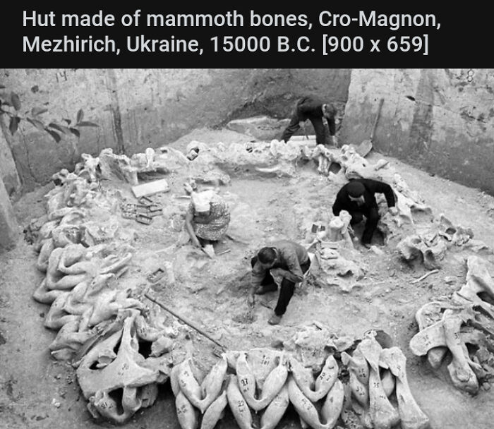Archaeologists excavating a Cro-Magnon hut made of mammoth bones, showcasing nature was metal ancient construction.