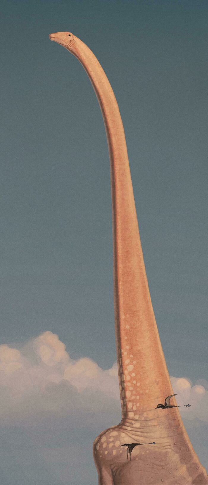 Illustration of a long-necked dinosaur flying with pterosaurs against a cloudy sky in nature was metal style