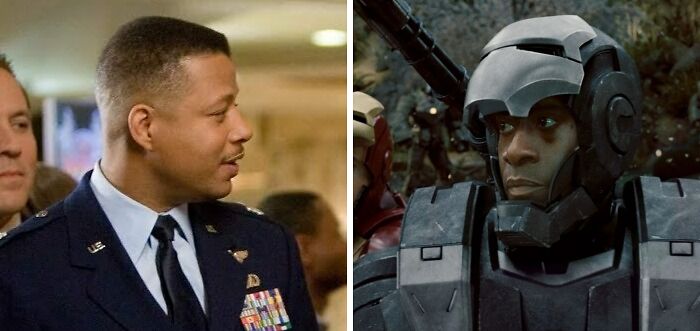Terrence Howard as James Rhodes in Iron Man and Don Cheadle as James Rhodes