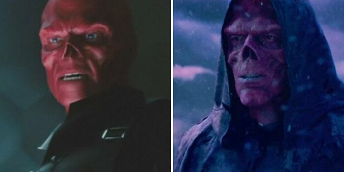 Hugo Weaving as Red Skull in Avengers and Ross Marquad as Red Skull