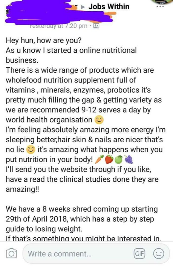 Stolen From Facebook — The Mlmer Didn’t Adjust The Copy/Paste When She Posted It To A Group