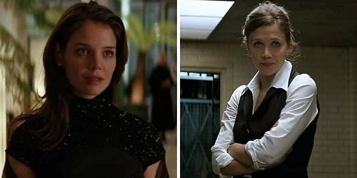 Katie Holmes as Rachel Dawes in The Dark Knight and Maggie Gyllenhaal as Rachel Dawes