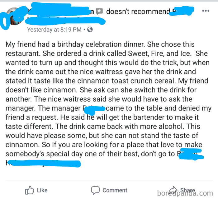 I Don't Recommend This Restaurant Because They Gave Me A Drink I Ordered!