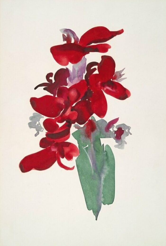 Red flowers in a vase, a classic example of watercolor paintings by famous masters of the medium.