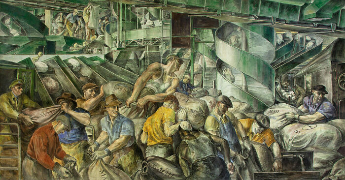 Workers in an industrial setting depicted in a famous watercolor painting by a master of the medium.