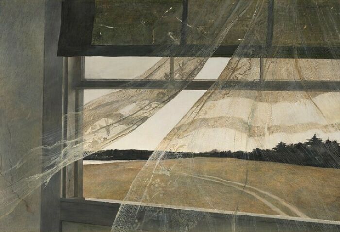 A famous watercolor painting depicting an open window with flowing curtains and a serene landscape view.