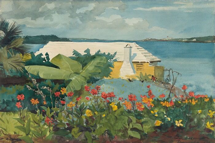 Watercolor painting of a seaside house with vibrant flowers and lush greenery in the foreground under a cloudy sky.