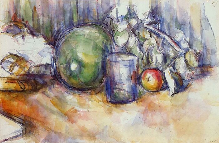 Watercolor painting featuring a still life with fruits, a glass, and draped cloth in soft, blended colors.