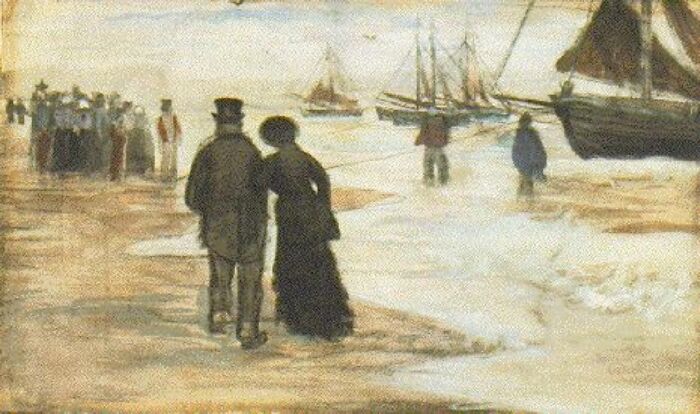 Couple walking on a beach in a famous watercolor painting with ships in the background.