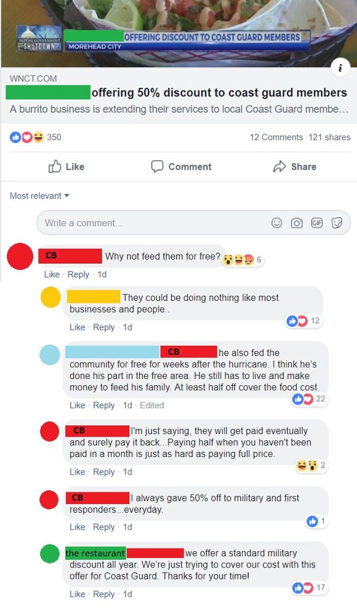 Local Restaurant Offers 50% Discount To Coast Guard Who Are Going Without Pay. Not Good Enough For One Lady