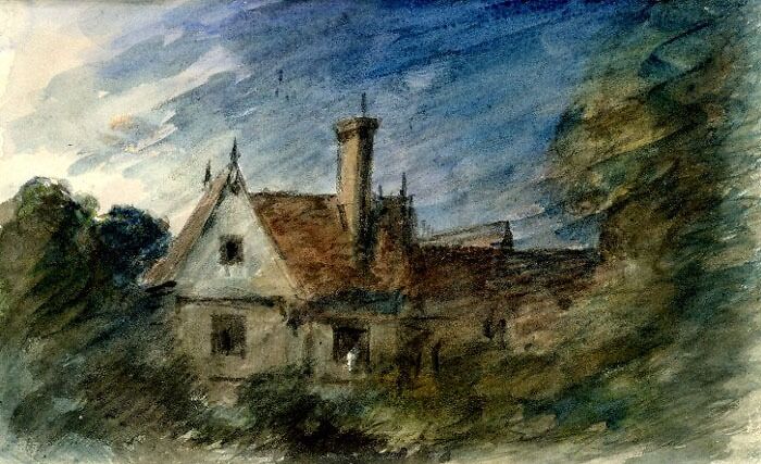 Historic house depicted in a famous watercolor painting with vibrant sky and lush surroundings.