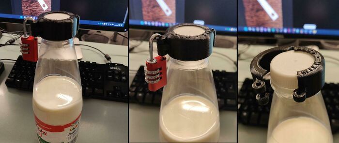 Someone Kept Drinking My Milk From The Office Fridge, So I've Made A Lock For The Milk Bottle