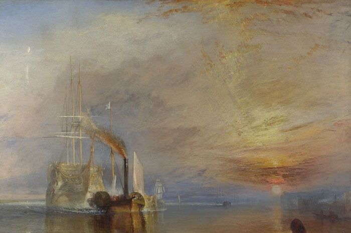 Famous watercolor painting depicting a ship at sunset by a master of the medium, showcasing vibrant skies and serene waters.