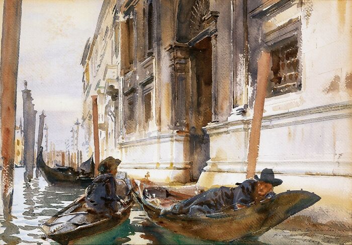 Watercolor painting of gondolas by a Venetian building, showcasing a masterful use of color and light.