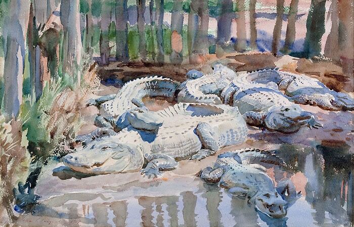 Watercolor painting of alligators lounging by a forested waterway, showcasing masterful use of medium by a famous artist.