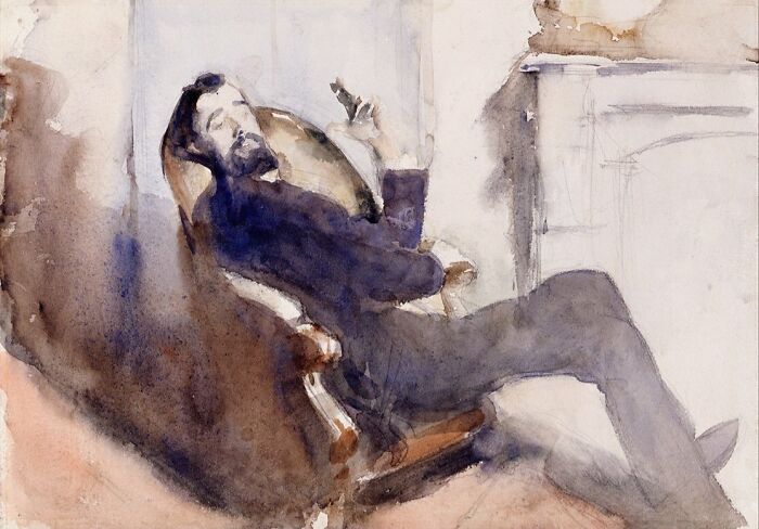 Watercolor painting of a man reclining in a chair, capturing a relaxed moment with subtle earthy tones.