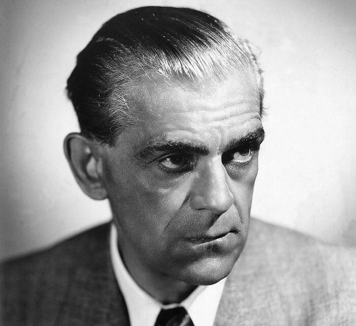Boris Karloff in a suit, representing one of the famous people who got married multiple times in classic black and white portrait.