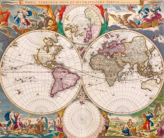 Engraved double-hemisphere map of the world by Nicolaes Visscher in 1658