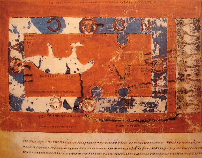 World Map by Cosmas Indicopleustes, which shows the globe as a rectangular-shaped surface