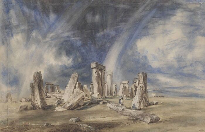 Watercolor painting of Stonehenge with dramatic clouds by a master of the medium.
