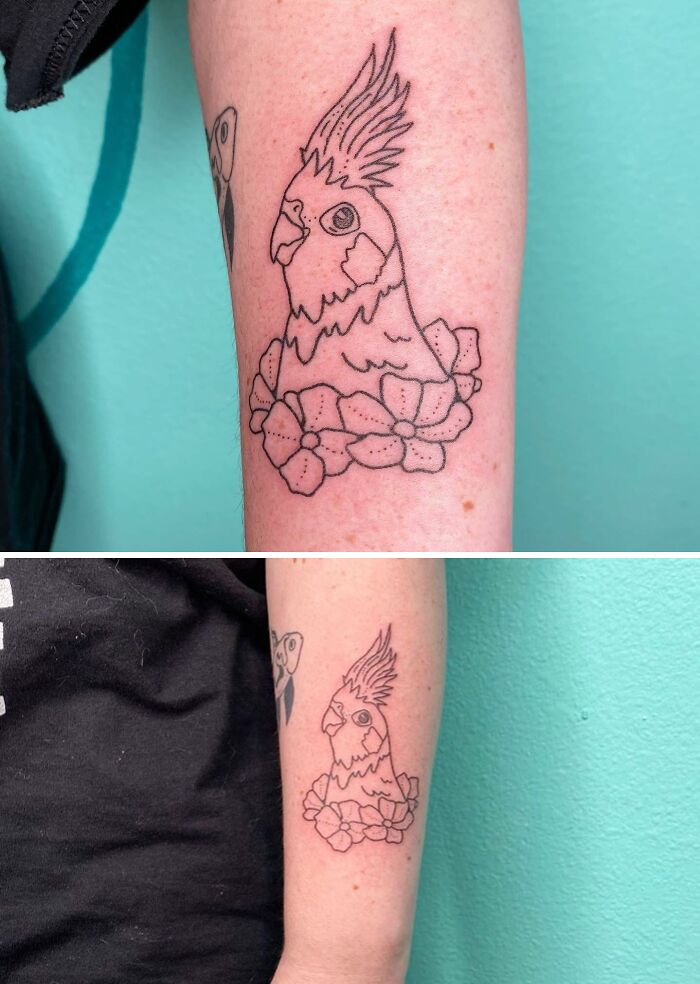 Pet tattoo of a bird surrounded by flowers on an arm, highlighting the bond between humans and their pets.