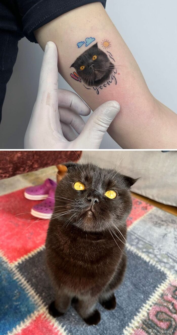 Pet tattoo showcasing a black cat's face with bright yellow eyes, accompanied by clouds and sun designs.