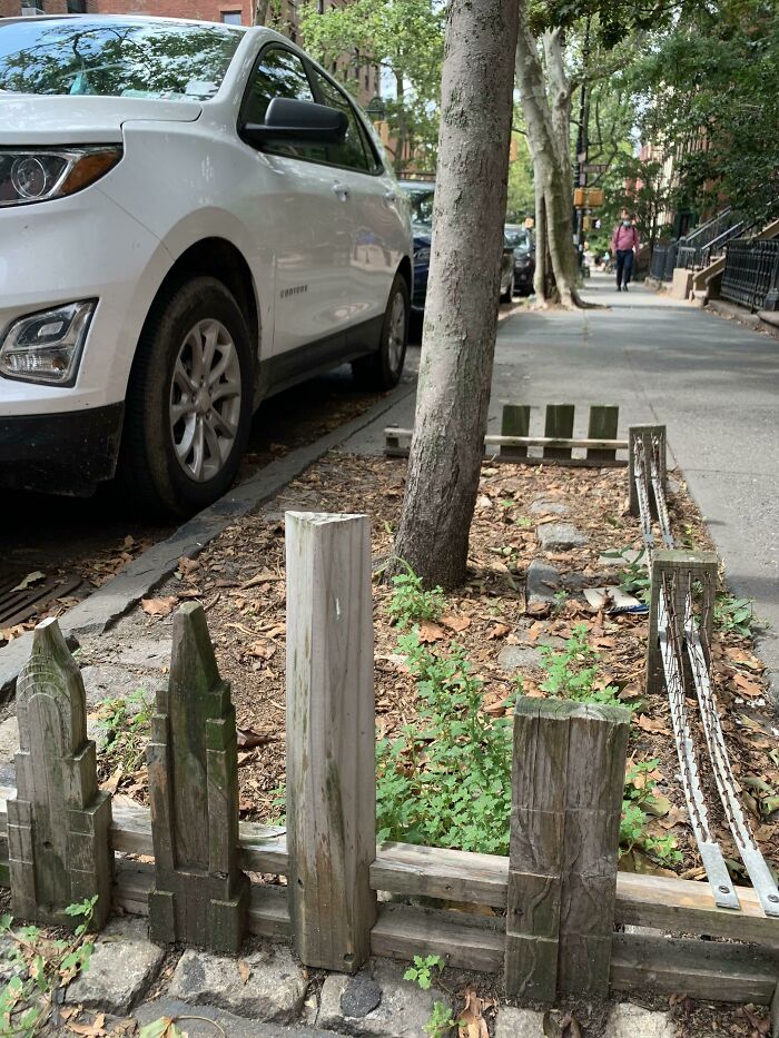 Wooden miniature fence around a tree on a New York City sidewalk showing unique city charm.
