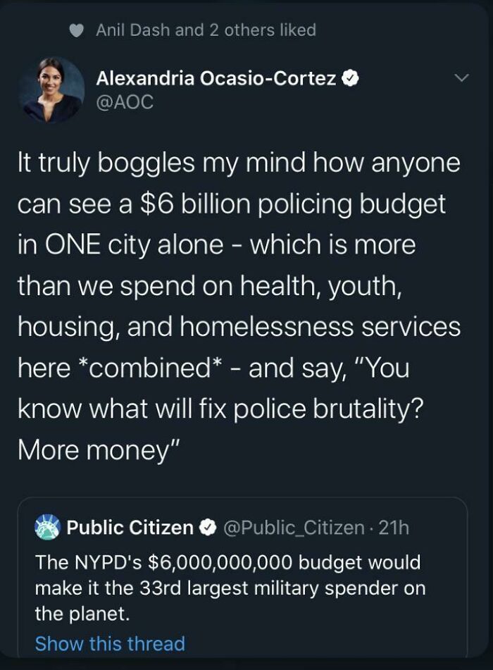 Tweet about New York's $6 billion policing budget compared to other city spending, highlighting unique aspects of New York City.