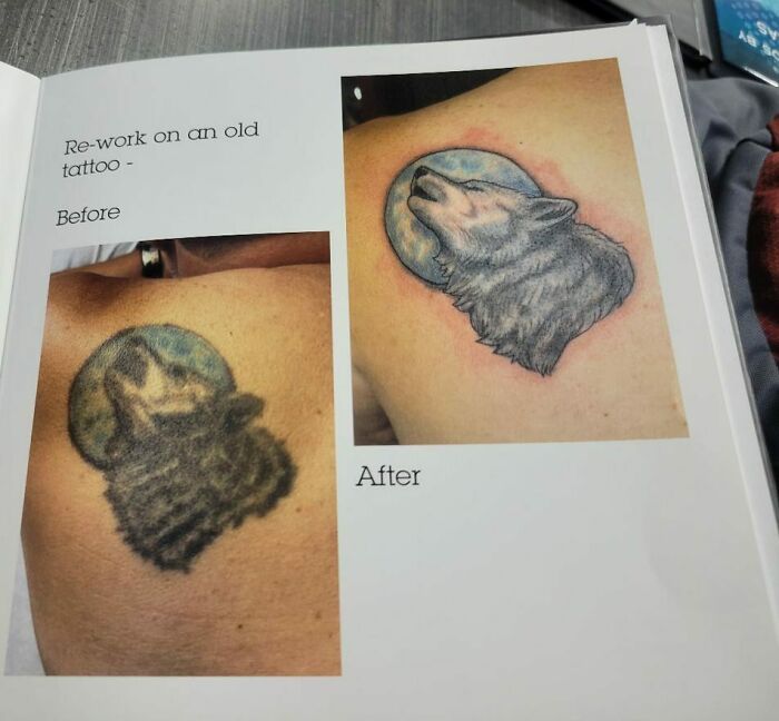 Before and after of an aged tattoo rework showing changes over the years, with a wolf design on the shoulder.