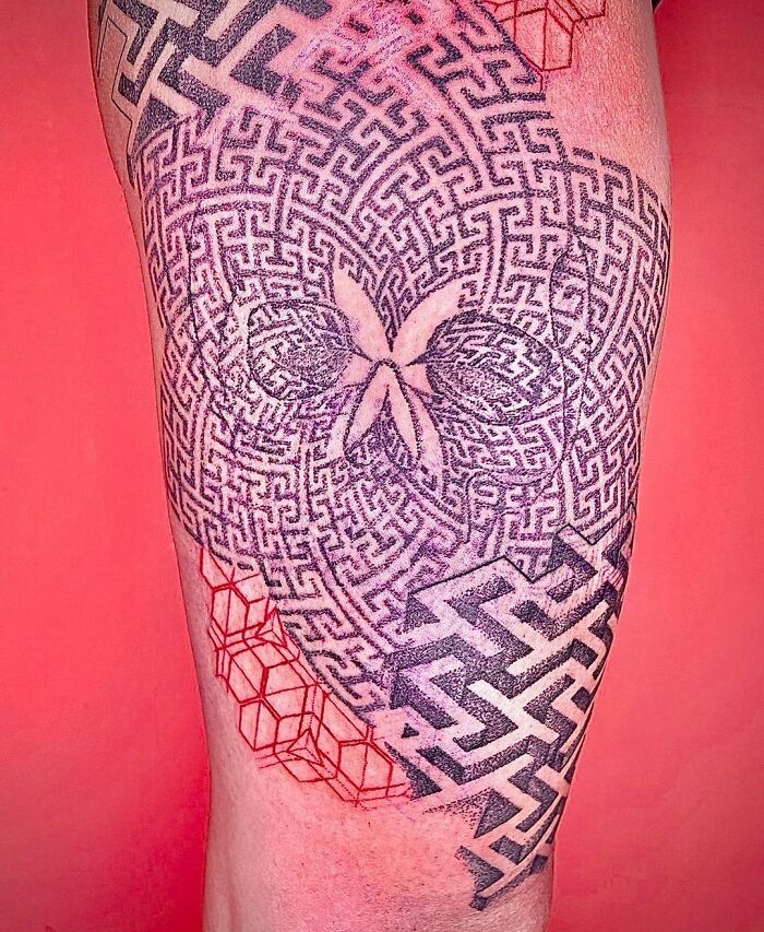 Optical illusion tattoo design featuring intricate maze patterns on a bright pink background.